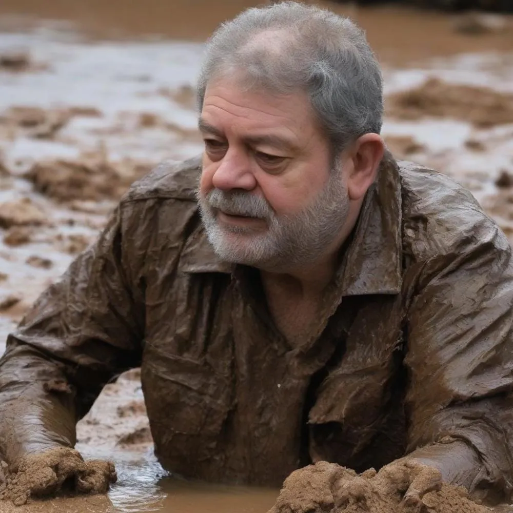 Imagem gerada por IA. O ex-presidiário chafurdado na lama.