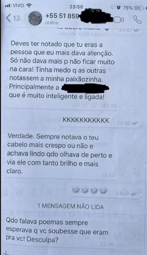 Print de mensagens trocadas entre o candidato do PT e a menina, sua ex-aluno.